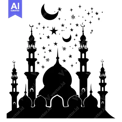 Aset premium populer: Silhouette of a Mosque with Crescent Moon and Stars