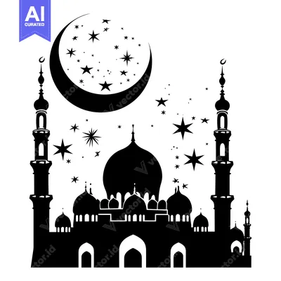 Silhouette of a Mosque with a Crescent Moon and Stars