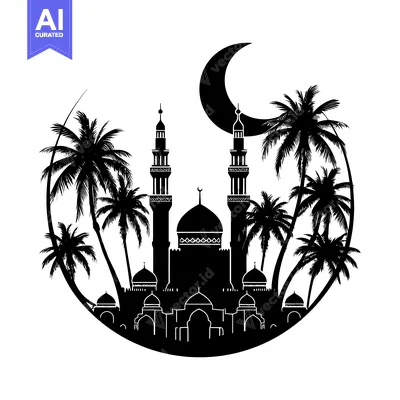 Silhouette of a mosque with palm trees and a crescent moon
