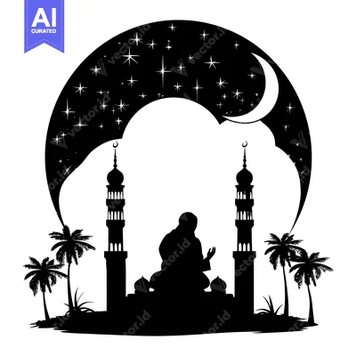 Silhouette of a Muslim Praying in Front of a Mosque at Night