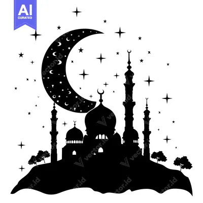 Aset premium populer: Silhouette of a Mosque with a Crescent Moon and Stars