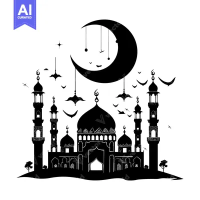 Aset desain premium: Silhouette of a mosque with a crescent moon and stars above it