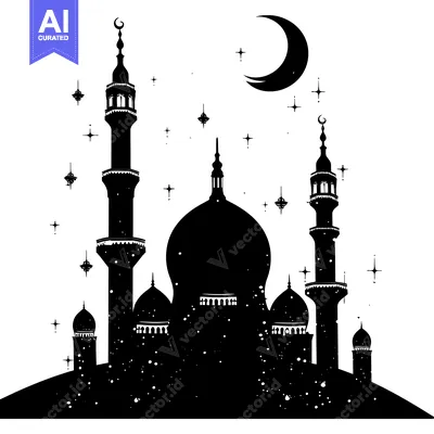 Silhouette of a mosque with a crescent moon and stars