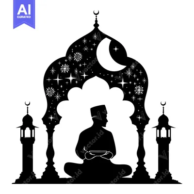 Silhouette of a Muslim Man Praying in a Mosque at Night