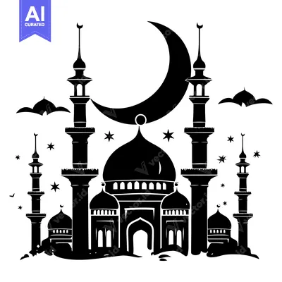 Aset desain premium: Black and White Silhouette of a Mosque with Crescent Moon and Stars