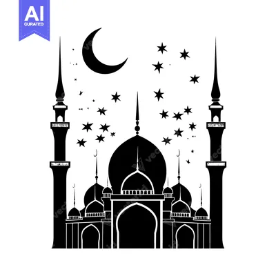 Black and White Silhouette of a Mosque with a Crescent Moon and Stars
