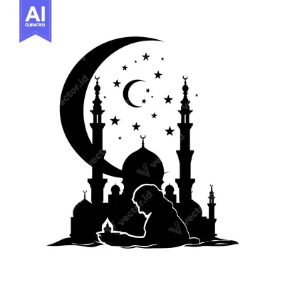 Silhouette of a Muslim Praying in Front of a Mosque Under a Crescent M