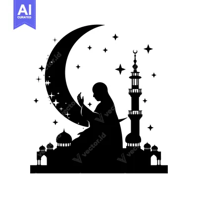 Silhouette of a Person Praying in Front of a Mosque with a Crescent Mo