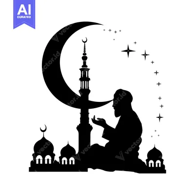 Silhouette of a Muslim Man Praying in Front of a Mosque with a Crescen