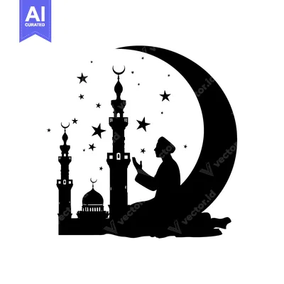 Silhouette of a Muslim Praying in Front of a Mosque Under a Crescent M