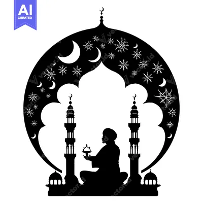 Silhouette of a Muslim Man Praying in a Mosque with Crescent Moons and