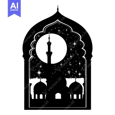 Silhouette of a mosque with minaret and moon in an archway window