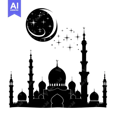 Silhouette of a Mosque with a Crescent Moon and Stars