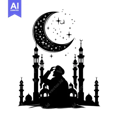 Silhouette of a Man Praying in Front of a Mosque Under a Crescent Moon