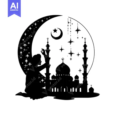 Silhouette of a Person Praying Before a Mosque Under a Crescent Moon a