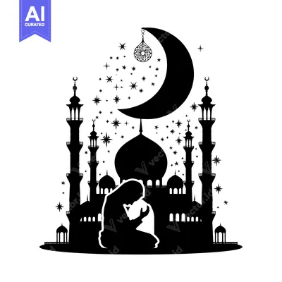 Silhouette of a Muslim Praying in Front of a Mosque Under a Crescent M