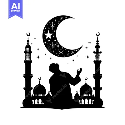 Silhouette of a Muslim Man Praying in Front of a Mosque with a Crescen