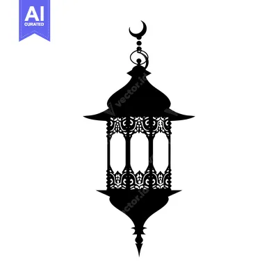 Aset premium populer: Ornate Black Silhouette of a Hanging Islamic Lantern with Crescent Moo