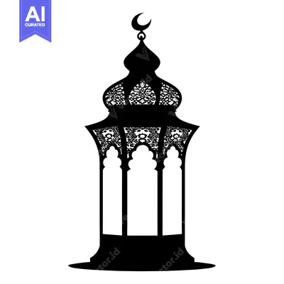 Aset desain premium: Ornate Silhouette of an Islamic Lantern with a Crescent Moon