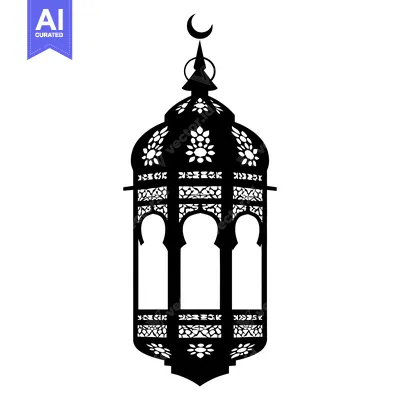 Aset desain premium: Ornate Black and White Silhouette of a Lantern with a Crescent Moon