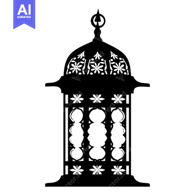 Aset desain premium: Ornate Black and White Silhouette of a Ramadan Lantern