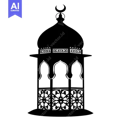 Aset premium populer: Black and White Silhouette of an Ornate Islamic Lantern with a Crescen