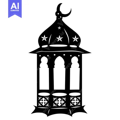 Aset desain premium: Black and White Silhouette of a Traditional Islamic Lantern with a Cre