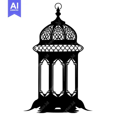 Aset desain premium: Ornate Black and White Silhouette of a Traditional Islamic Lantern