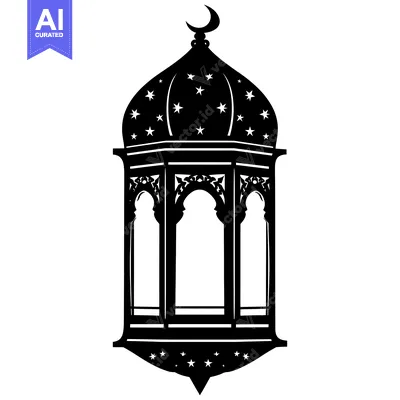 Aset desain premium: Ornate Black and White Islamic Lantern with Stars and Crescent Moon