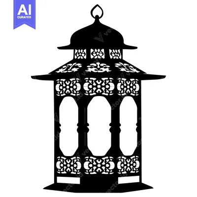 Premium design asset: Ornate Black and White Silhouette of an Islamic Lantern