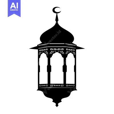 Aset desain premium: Black and White Silhouette of an Ornate Islamic Lantern with a Crescen
