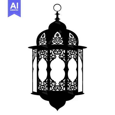 Aset desain premium: Ornate Black and White Silhouette of a Ramadan Lantern