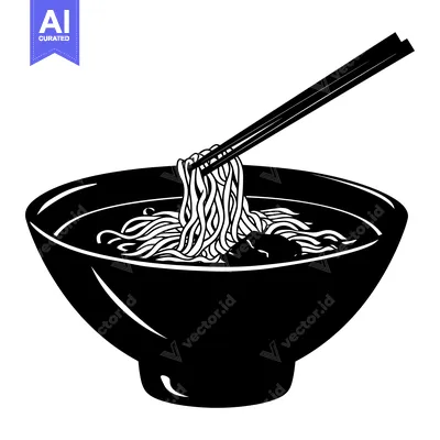 Aset desain premium: A Silhouette of Chopsticks Lifting Noodles from a Bowl of Ramen