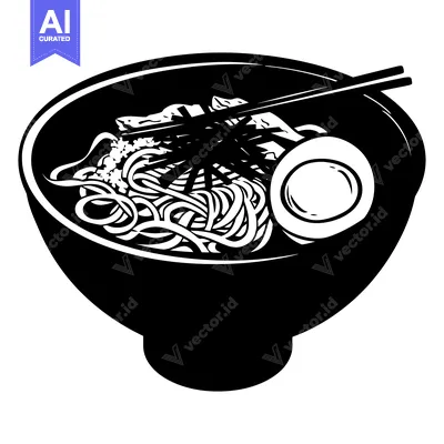 Black and white illustration of a bowl of ramen noodles with chopstick