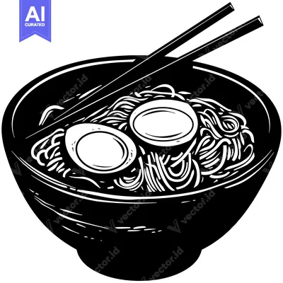 Aset premium populer: Black and White Illustration of a Bowl of Ramen Noodles with Chopstick