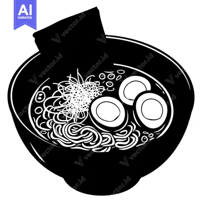 Premium design asset: Black and White Illustration of a Bowl of Ramen with Eggs