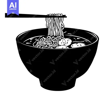 Black and White Illustration of a Bowl of Ramen with Chopsticks