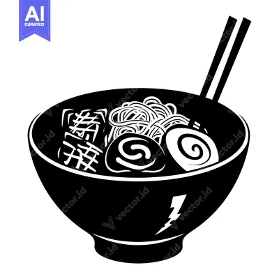 Aset desain premium: Black and White Silhouette of a Bowl of Ramen with Chopsticks