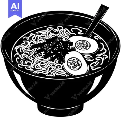 Aset desain premium: Black and White Illustration of Ramen Noodles in a Bowl