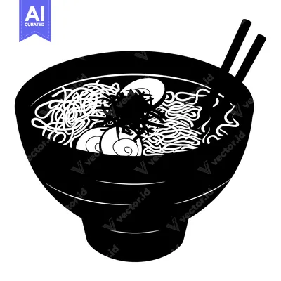 Aset premium populer: Black and White Silhouette of a Bowl of Ramen with Chopsticks