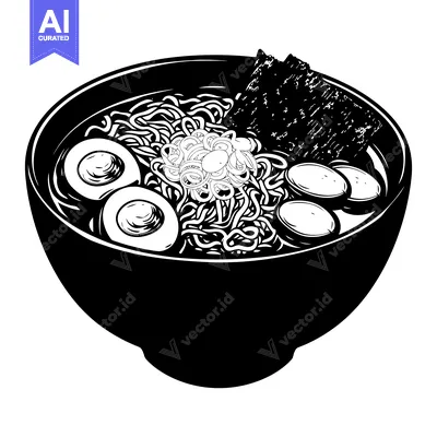 Aset premium populer: Black and white illustration of a bowl of ramen with noodles, eggs, an