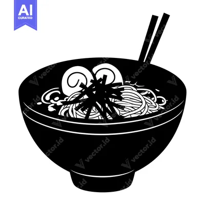 Premium design asset: Black and White Illustration of a Bowl of Ramen with Chopsticks