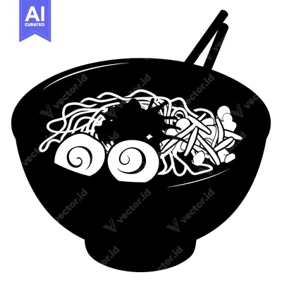 Aset desain premium: Black and White Silhouette of a Bowl of Ramen with Chopsticks