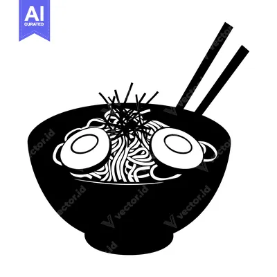 Aset desain premium: Black and White Silhouette of a Bowl of Ramen with Chopsticks