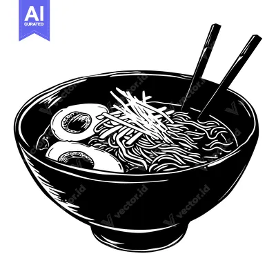 Aset premium populer: Black and White Illustration of a Bowl of Ramen with Chopsticks