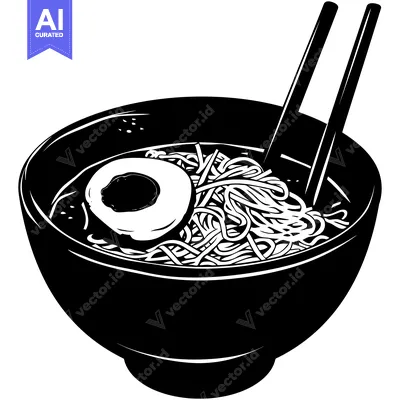 Aset desain premium: Black and White Illustration of a Bowl of Ramen Noodles with Chopstick