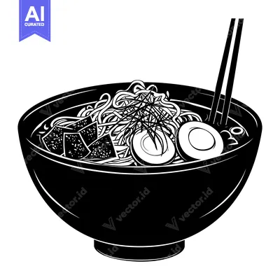 Aset premium populer: Black and White Illustration of Ramen Noodles in a Bowl with Chopstick