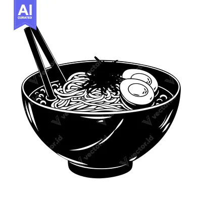 Popular premium asset: Black and White Illustration of a Bowl of Ramen Noodles with Chopstick