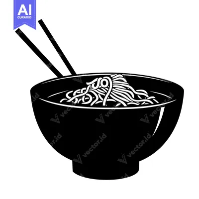 Aset desain premium: Black and White Illustration of a Bowl of Noodles and Chopsticks
