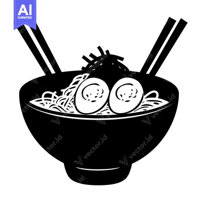 Aset desain premium: Black and White Illustration of a Bowl of Ramen Noodles with Chopstick
